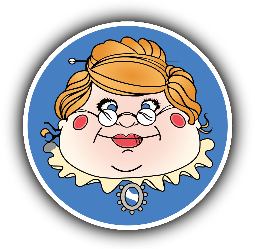Cartoon lady with glasses and orange hair.