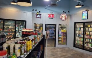 Convenience store with drinks and condiments.