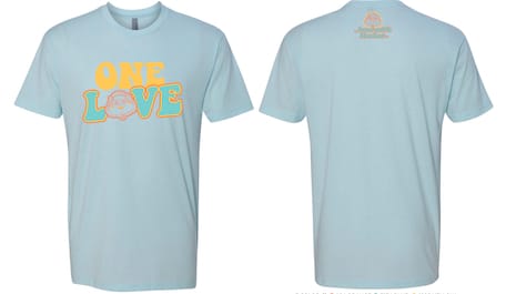 Light blue 'One Love' t-shirt front and back