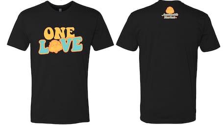 Black t-shirt with 'One Love' design.